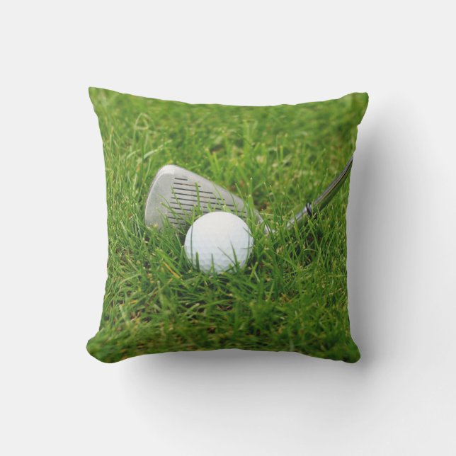 Coussin Boule de golf, club, fer et herbe verte (Recto)