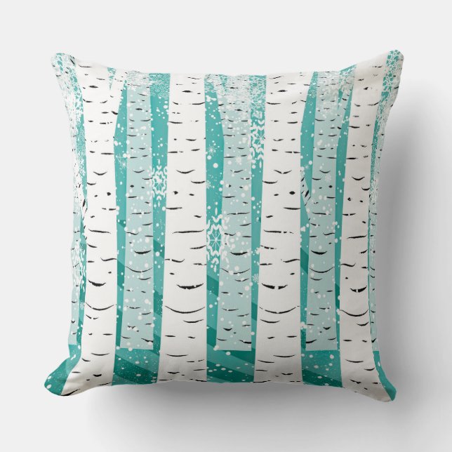 Coussin Bouleaux turquoise et blanche et flocons de neige (Recto)