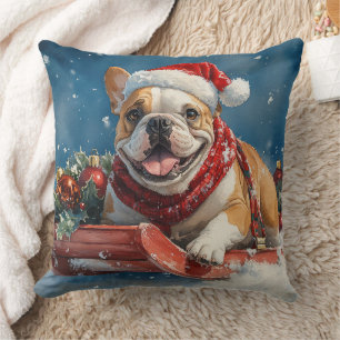 Coussin Bouledogue en traîneau Laissez neige Noël