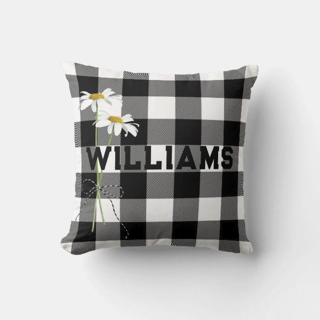 Coussin Bouquet Daisy et nom sur Buffalo Plaid (Recto)