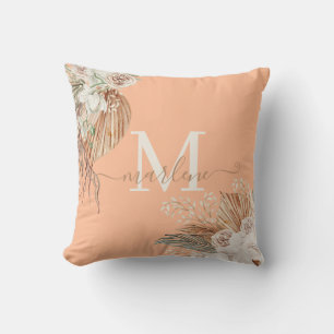 Coussin Bouquet d'aquarelle Boho Peach Monogramme Fuzz