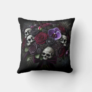 Coussin Bouquet de crâne floral sombre gothique Halloween