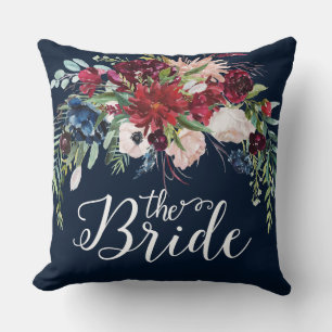 Coussin Bouquet de fleurs bordeaux et bleues, typographie 