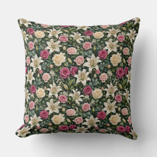 Coussin Bouquet de rose sophistiqué aux lys et feuillage