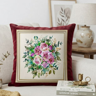 Coussin Bouquet de roses roses aquarelle élégant rouge