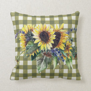 Coussin Bouquet de tournesol sur En vichy vert
