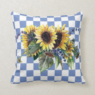Coussin Bouquet de tournesol sur les chèques bleus