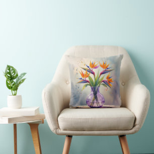Coussin Bouquet Fleur Oiseau du Paradis en aquarelle