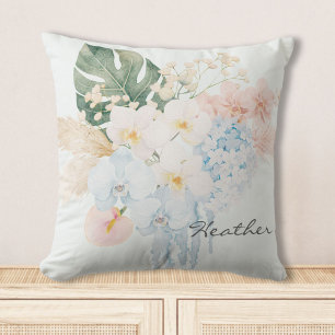 Coussin Bouquet Floral de Fleurs Tropicales à l'Aquarelle