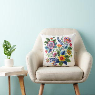 Coussin Bouquet Floral Lumineux Broderie de Laine Fausse 
