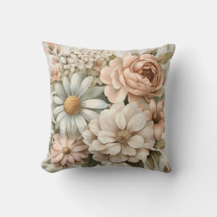 Coussin Bouquet Floral Vintage avec Fleurs Pâles Pastel
