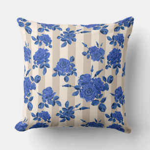Coussin Bouquets bleus de roses sur un arrière - plan rayé