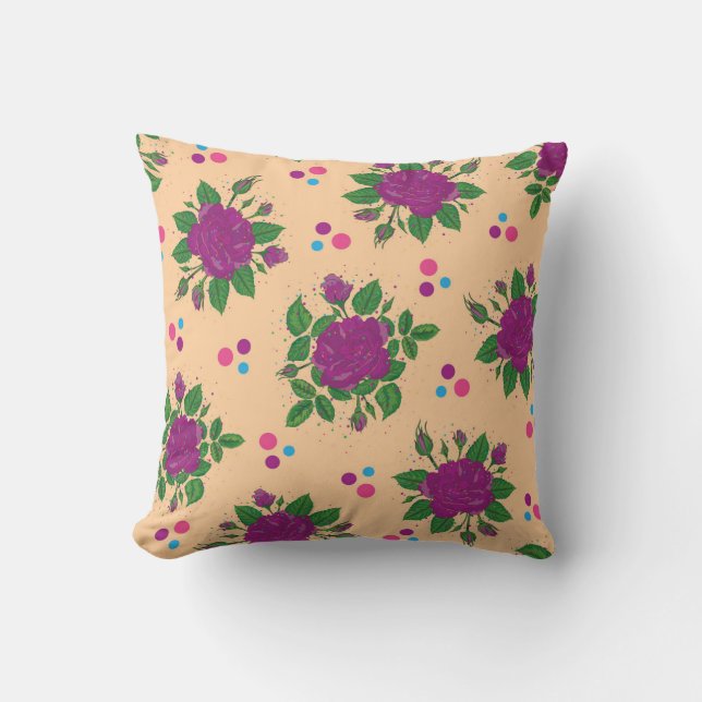 Coussin bouquets violets roses avec pois (Recto)
