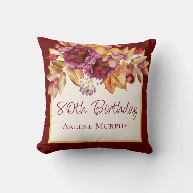 Coussin Bourgogne 2 Rose d'automne jaune soleil 80e annive (Recto)
