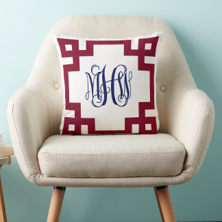 Coussin Bourgogne Blanc Navy Clef Grec Vigne Monogramme DI
