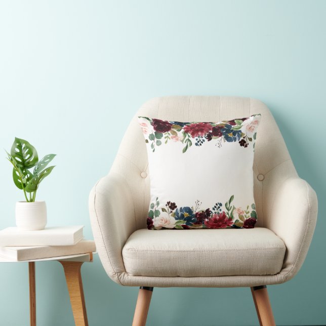 Coussin Bourgogne & Bleu Fleurs Anglaises Mariage Faveur (Chaise)
