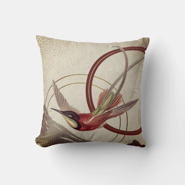 Coussin Bourgogne & Crème Artistique Abstrait Colibri (Recto)