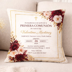 Coussin Bourgogne et Or Floral Première Communion