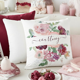 Coussin Bourgogne et rose aquarelle florale personnalisée