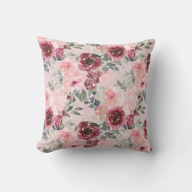 Coussin Bourgogne et Roses bleus en rose (Recto)