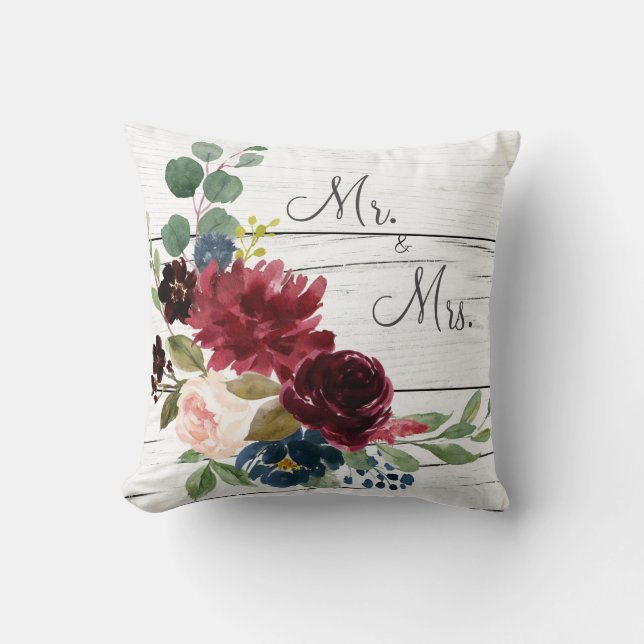 Coussin Bourgogne Floral Élégant M. & Mme Aquarelle (Recto)