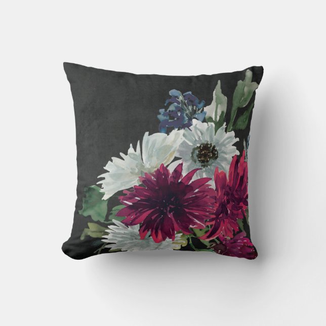 Coussin Bourgogne Floral Splash sur Noir déchiré (Recto)