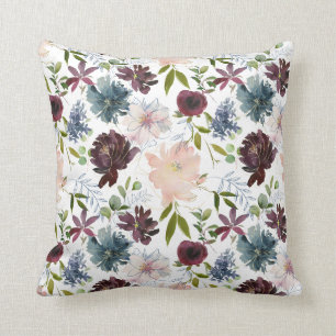 Coussin Bourgogne, rose poudré et floral marine