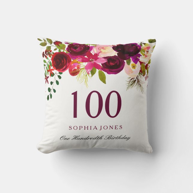 Coussin Bourgogne Rouge Floral Boho 100e anniversaire Cade (Recto)