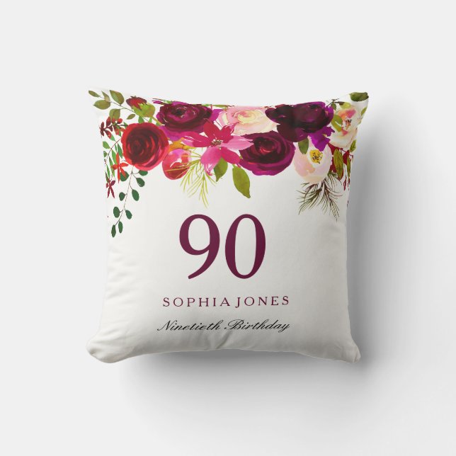 Coussin Bourgogne Rouge Floral Boho 90e anniversaire Cadea (Recto)