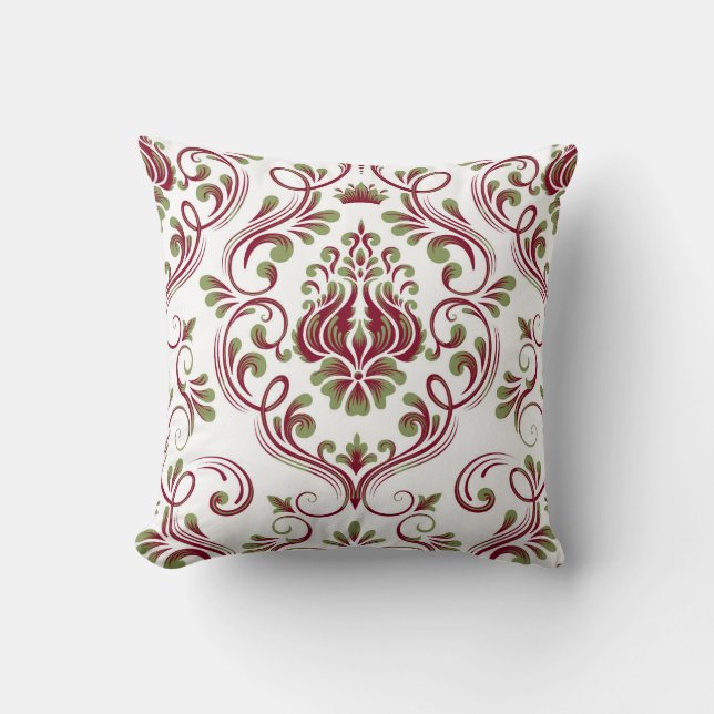 Coussin Bourgogne Sage vert Damas motif floral élégant (Recto)