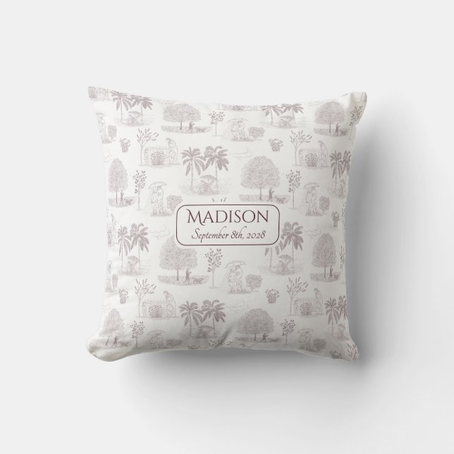 Coussin Bourgogne Toile de Jouy Nom Date de Naissance Bébé (Recto)