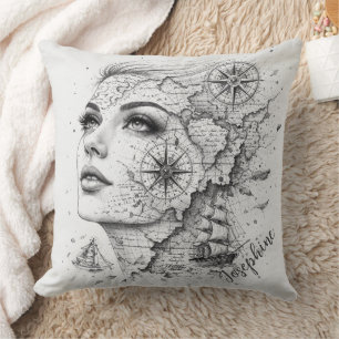 Coussin Boussole de carte personnalisée Femme Art Chic Vin