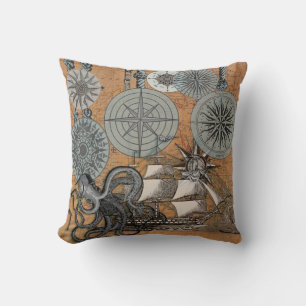 Coussin Boussole Rose Vintage Nautique Octopus Ship