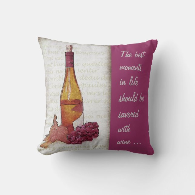 Coussin bouteille et raisin de vin avec la citation de vin (Recto)