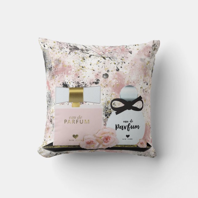 Coussin Bouteilles de parfum de New York Or & Roses Roses  (Recto)