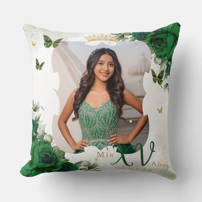 Coussin Bouteilles florales Emerald Green Photo Quinceañer (Recto)