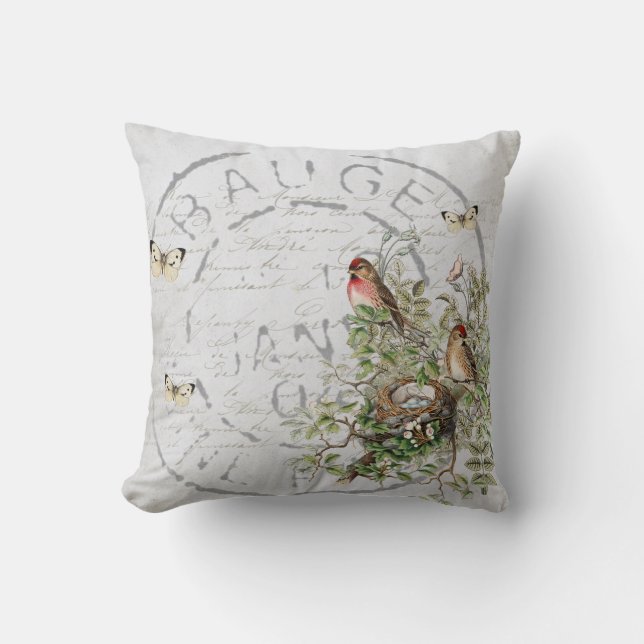 Coussin Bouton postal du nid d'oiseaux Script français ble (Recto)