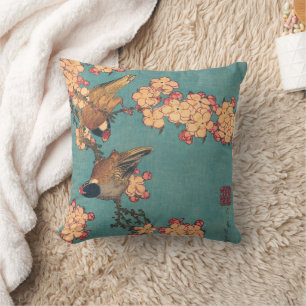 Coussin Bouvreuil d'Hokusai et Cerisier Fleur Vintage Oise