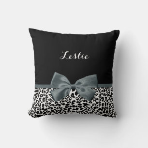 Coussin Bow gris Empreinte de léopard sophistiqué avec nom
