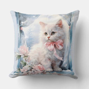 Coussin Bow rose chaton blanc