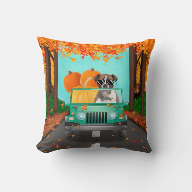 Coussin Boxer Chien Citrouille Automne (Recto)