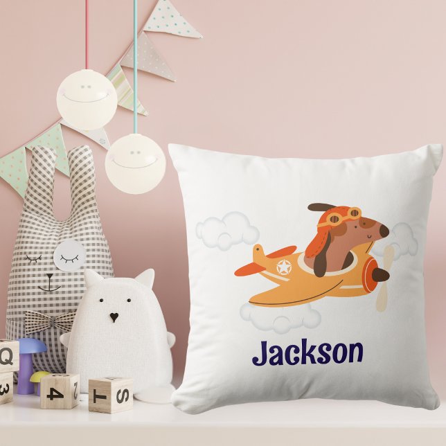 Coussin Boy  Baby Shower Dog Pilot Airplane Cloud Funny (Créateur téléchargé)