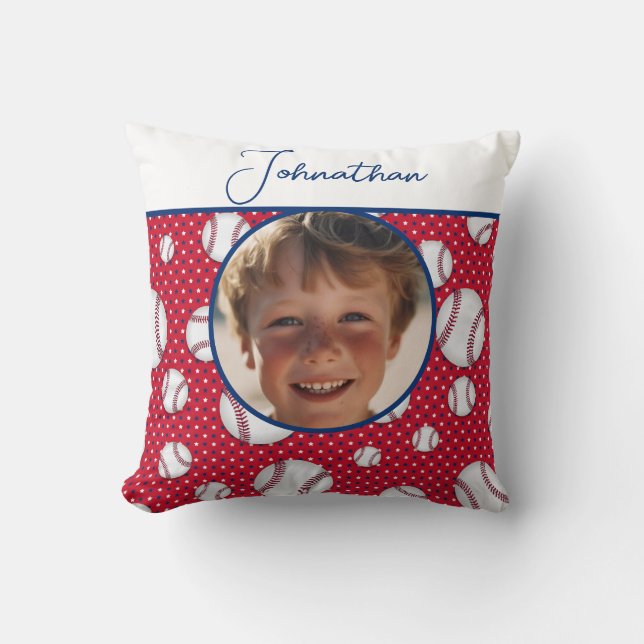 Coussin Boys Baseball Rouge Blanc Bleu Photo personnalisée (Recto)