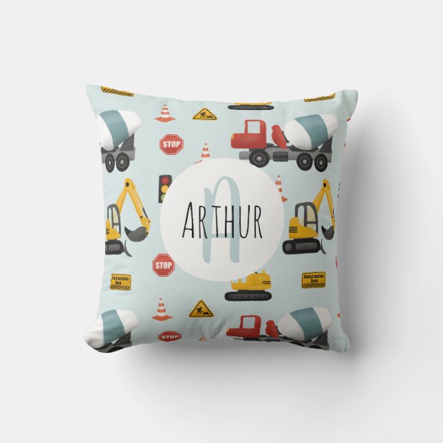 Coussin Boys Cute Blue Construction Transport & Nom Enfant (Recto)