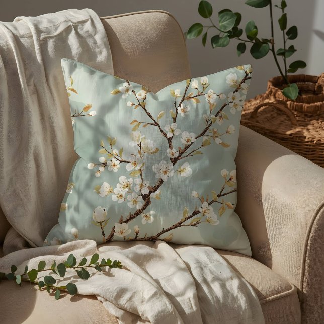 Coussin Branche Botanique de Fleur Blanche Délicate (Créateur téléchargé)
