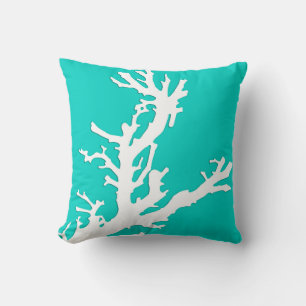 Coussin Branche de corail - blanc sur turquoise