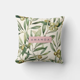Coussin Branche d'olivier à l'aquarelle élégante personnal