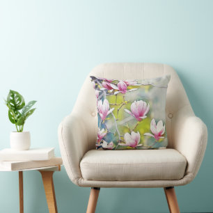 Coussin Branche magnolia rose aquarelle bleu fond