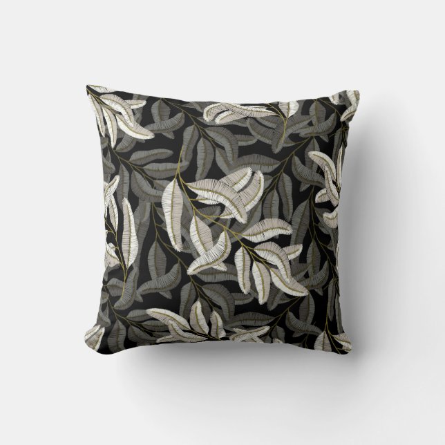 Coussin Branches brodées : imprimé noir-blanc. (Recto)