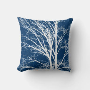 Coussin Branches d'arbre blanc bleu rustique